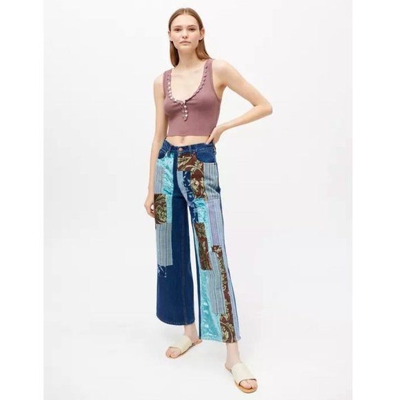 BDG Patchwork Velvet Jacquard High Waisted Wide Leg Blue Jeans - Picture 3 of 15